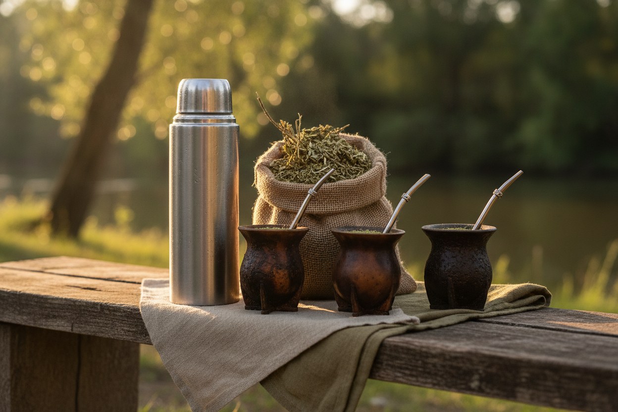 Termo de acero, yerba y mates curados preparados antes de una ronda